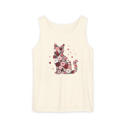 Meowentines Day Floral Cat Silhouette Valentine Tank Top | Pink Flower Kitty
