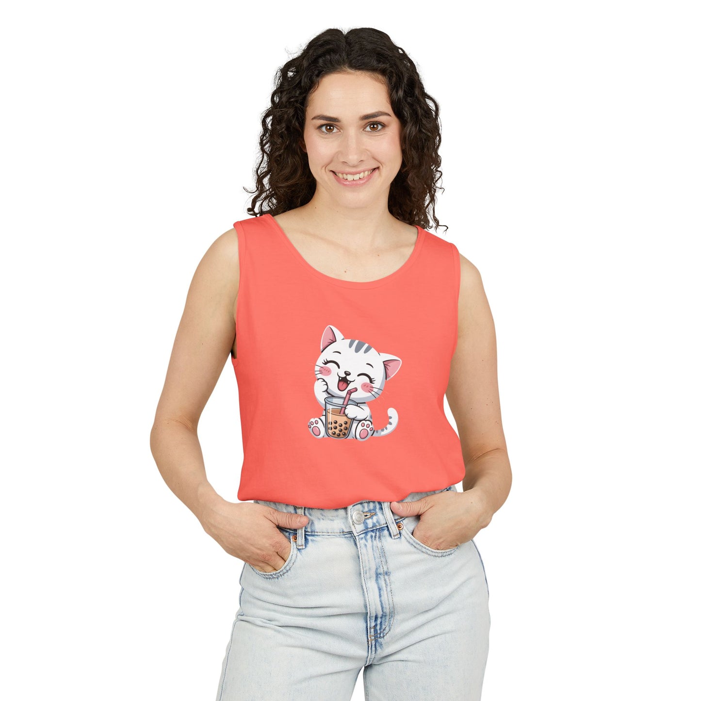 Cute Boba Cat Tank Top | Kawaii Bubble Tea Kitten Design