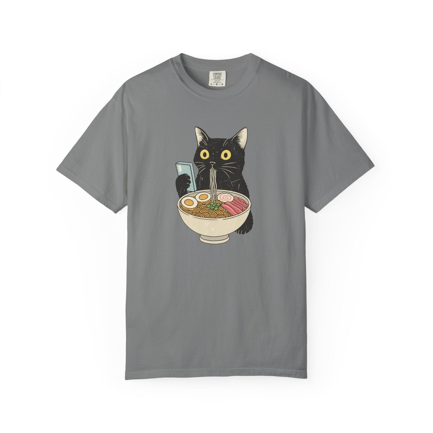 Kawaii Black Cat Slurping Ramen T-shirt | Neko Anime Bowl Design