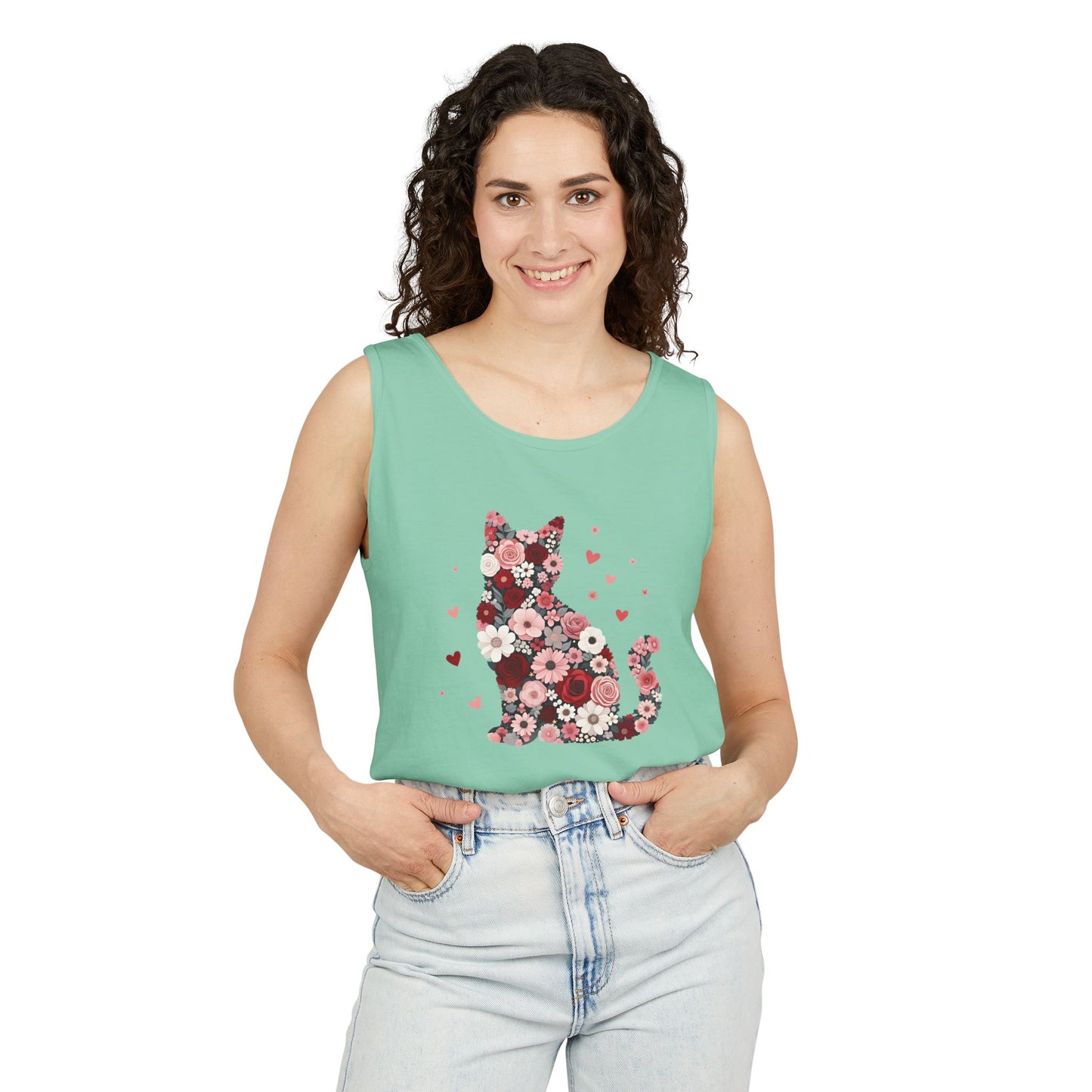 Meowentines Day Floral Cat Silhouette Valentine Tank Top | Pink Flower Kitty