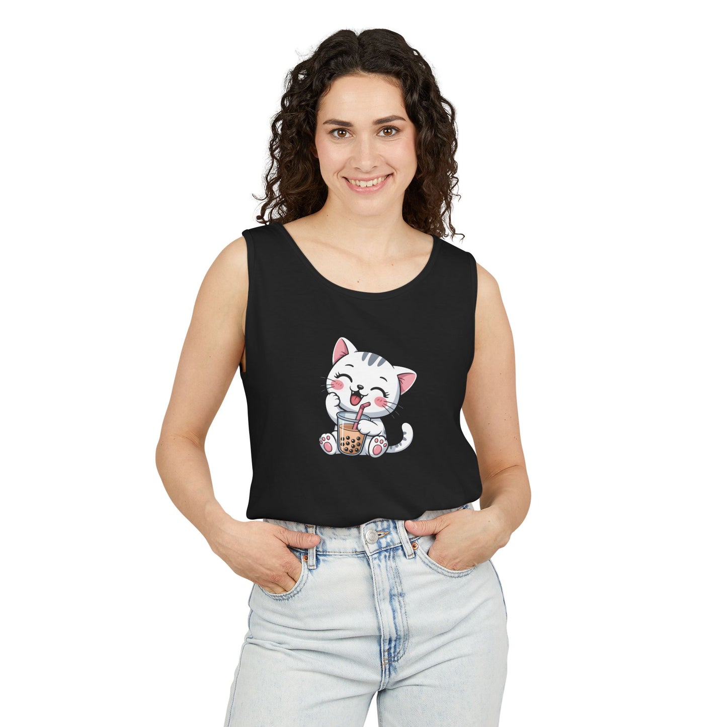 Cute Boba Cat Tank Top | Kawaii Bubble Tea Kitten Design
